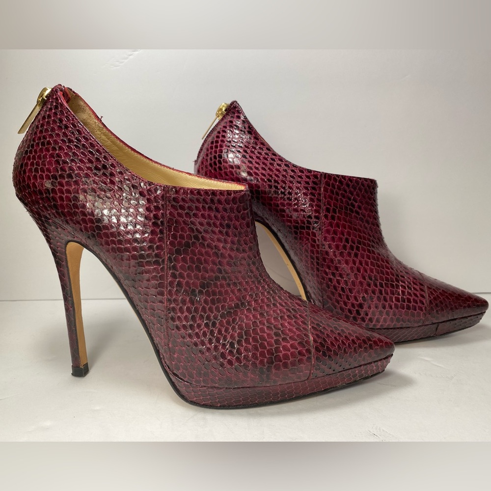 Jimmy Choo snakeskin ankle boots booties heels burgundy 37 6.5